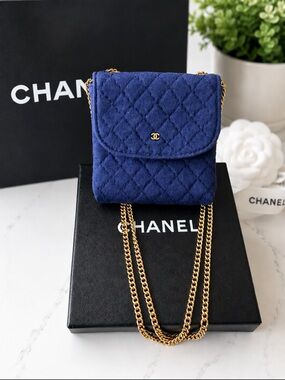 CHANEL Quilted Navy Micro WOC with Gold Chain Rare with COA